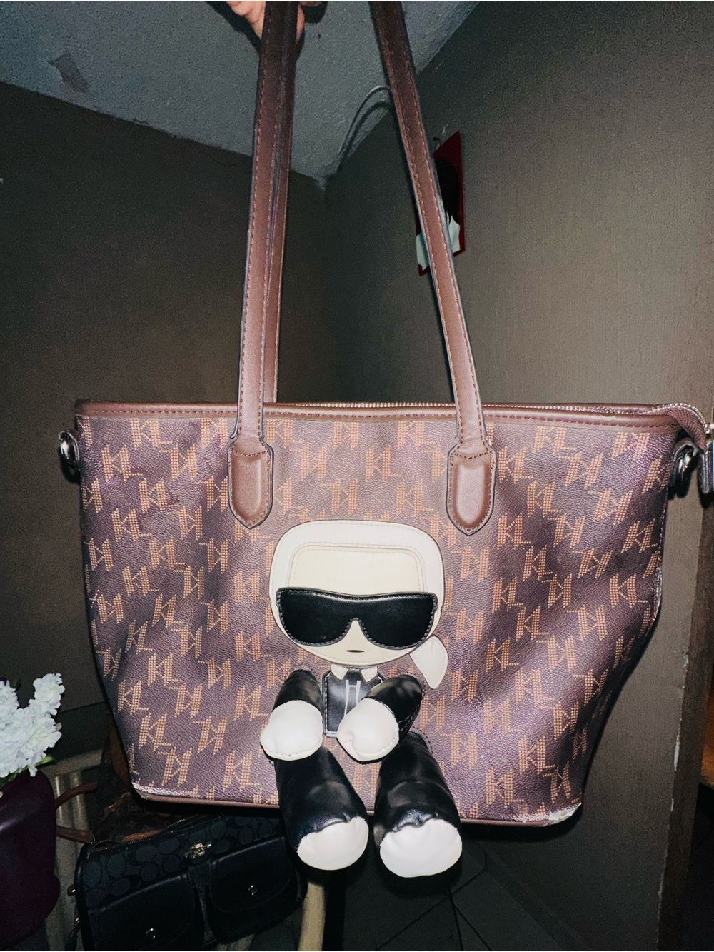 Karl Lagerfeld Paris Brown Monogram Tote with Character Patch